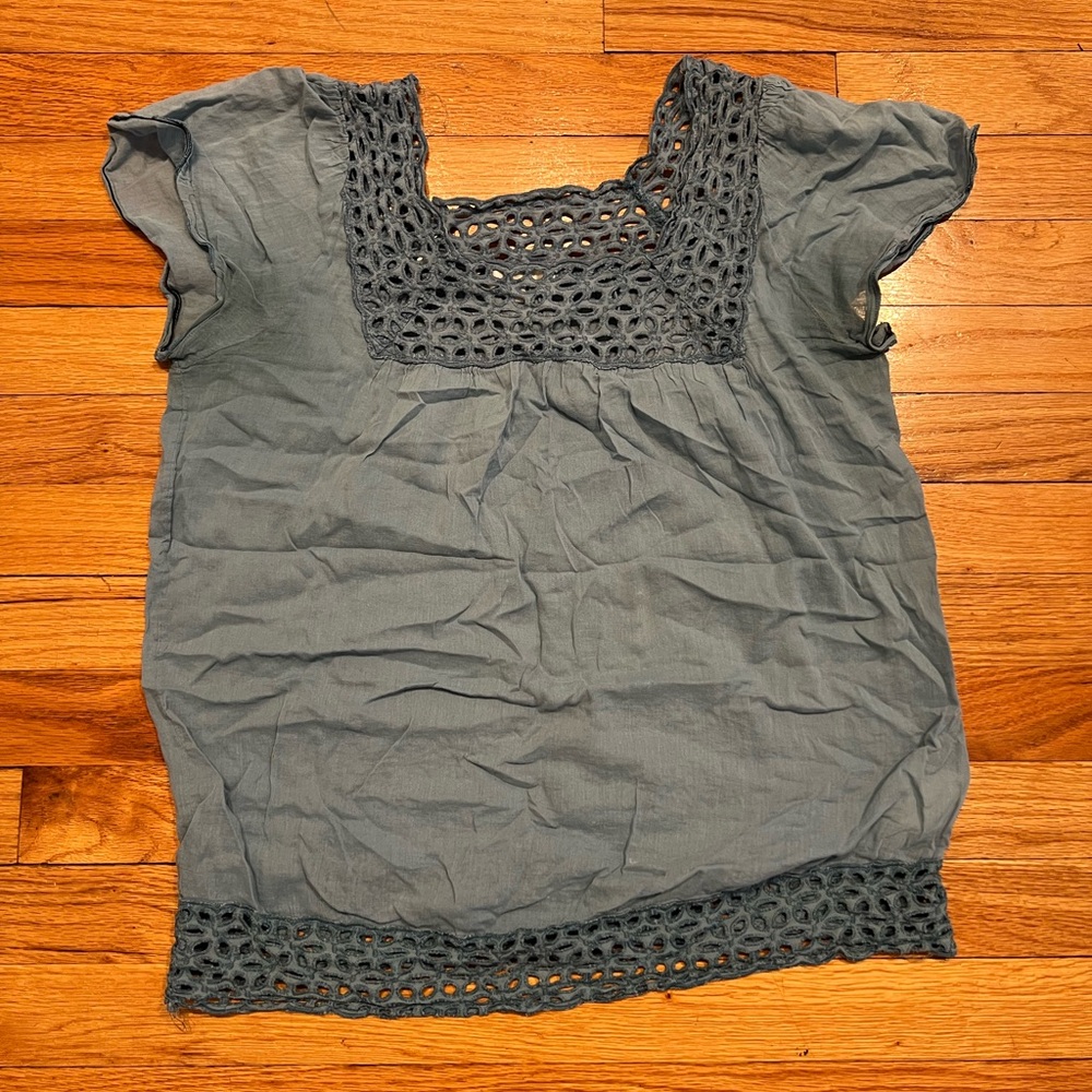 Matty M 100% Cotton Sky Blue Top with decorative cut-out Trim around neck & hem